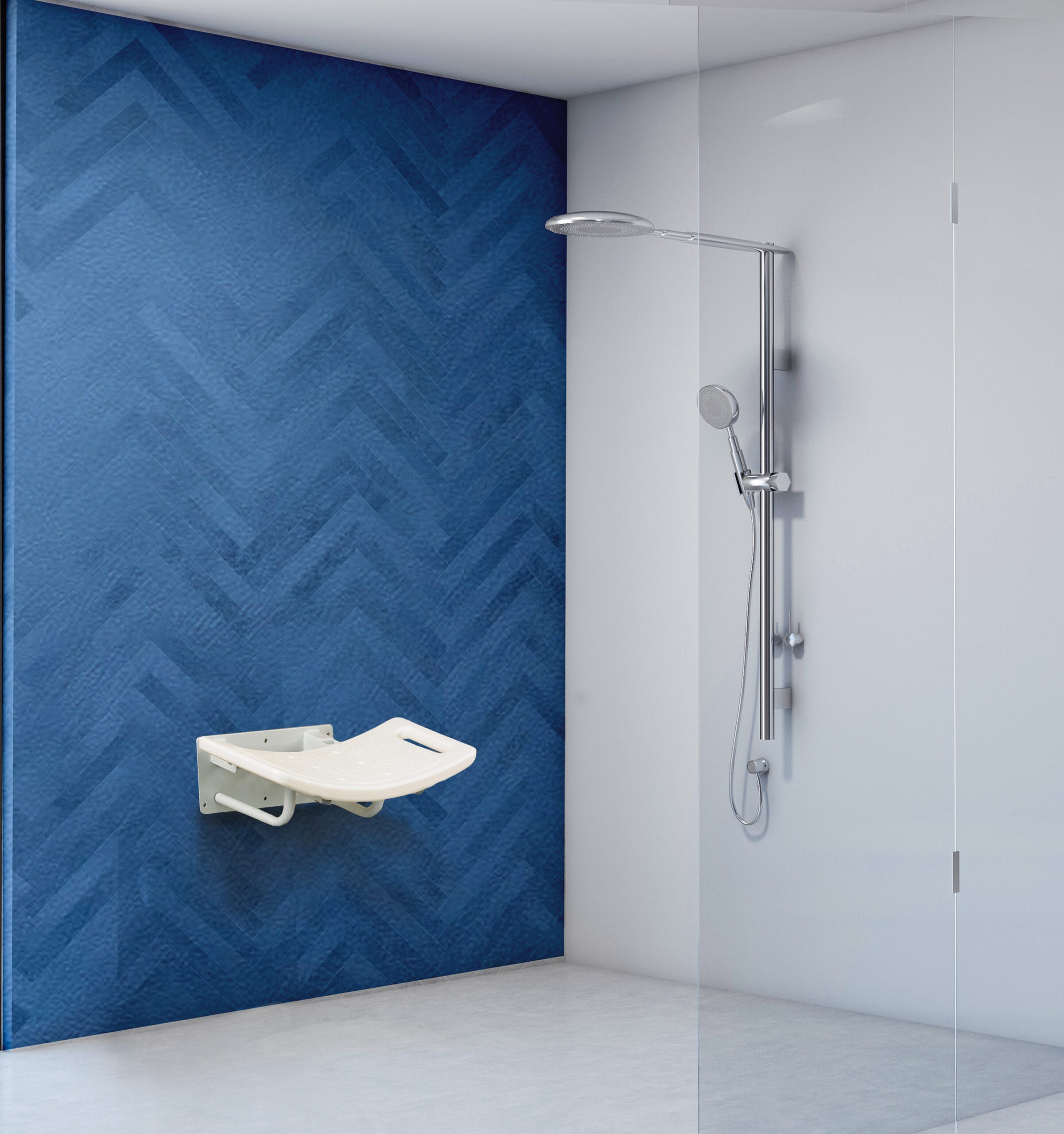 Gray wood and white bathroom with shower