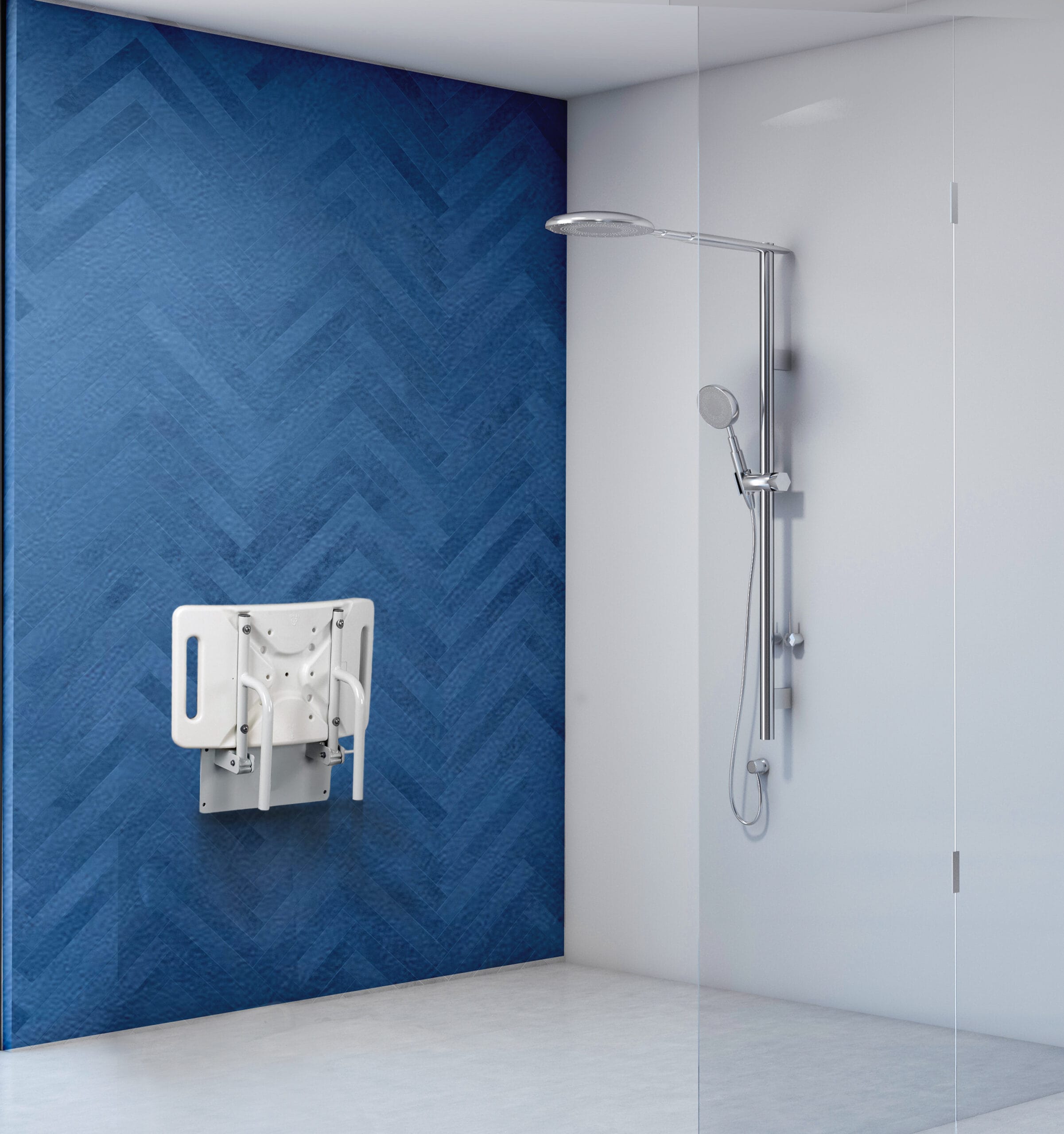 Gray wood and white bathroom with shower